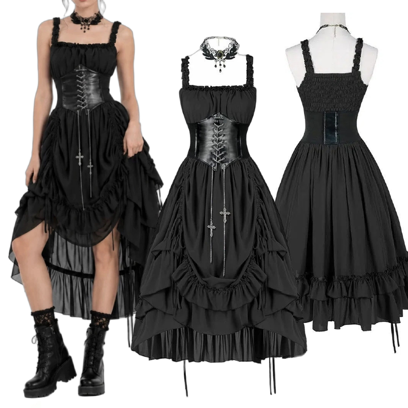 Medieval Renaissance Dress Women - Gaun Korset Gothic Wanita Hitam Punk